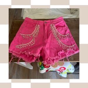 Vibrant Pink Embellished Jean Shorts